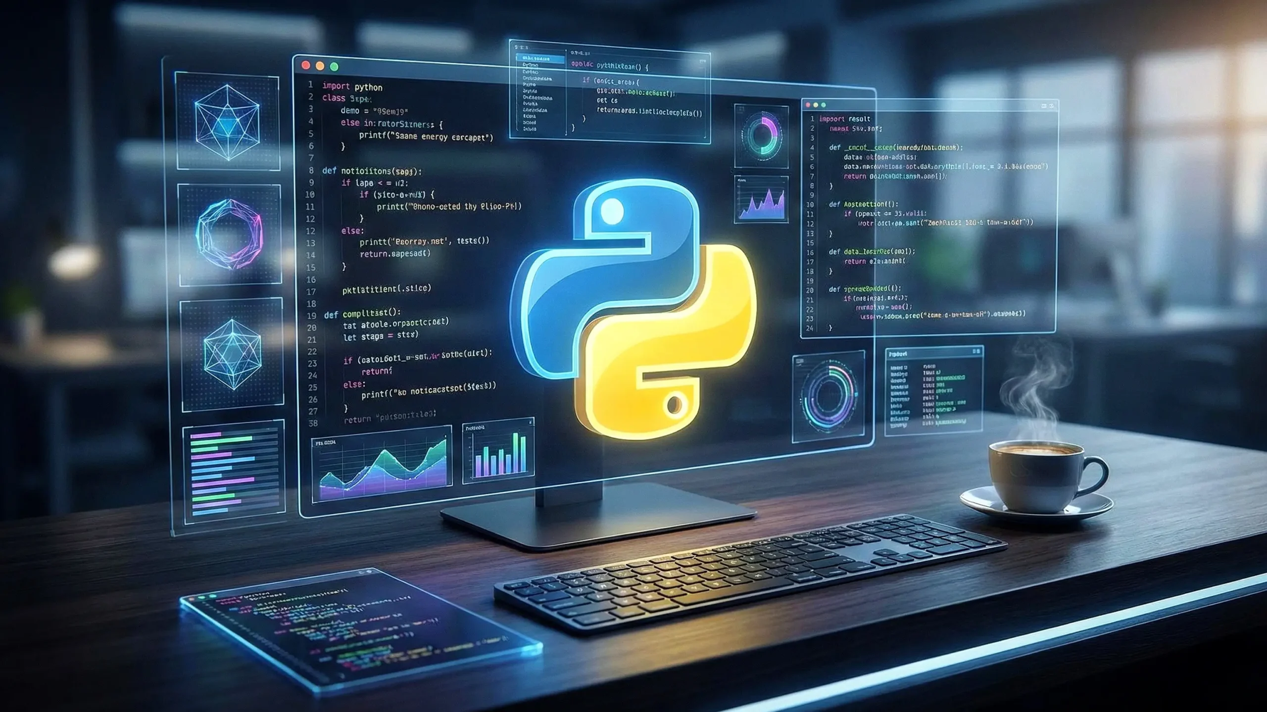 Futuristic workspace featuring a glowing Python logo and holographic code display, illustrating a high-tech environment for the Best IDE for Python.
