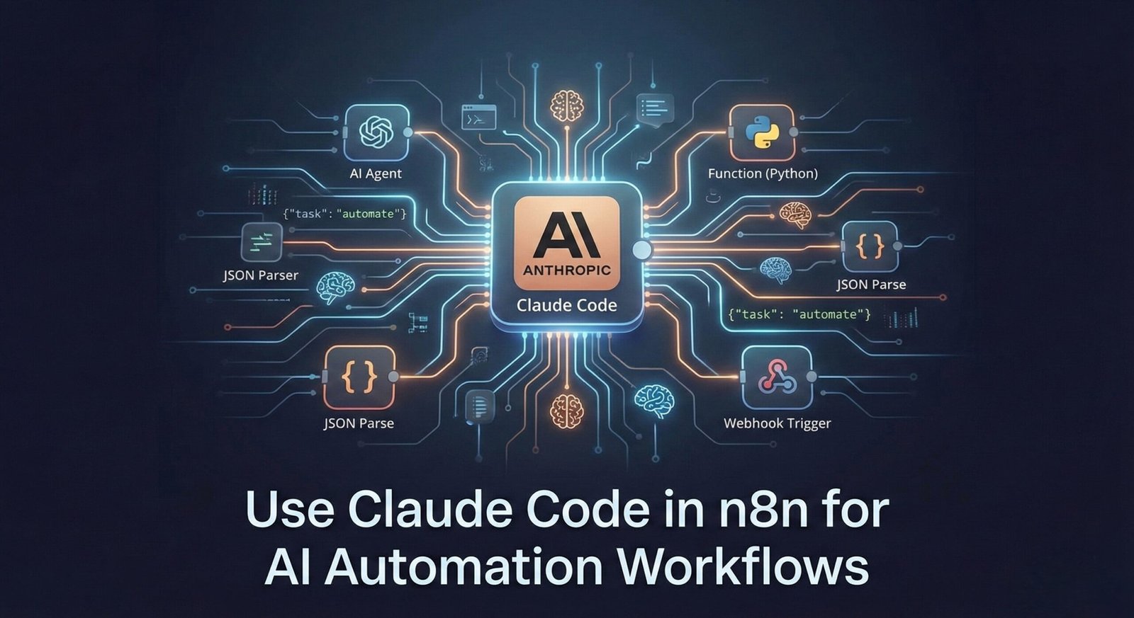 A futuristic digital illustration of an automation workflow diagram, where a central processing chip labeled "Anthropic Claude Code" is connected via glowing blue and orange lines to various n8n nodes including AI Agent, Python Function, and JSON Parse, illustrating the concept of using Claude Code in n8n for AI automation.